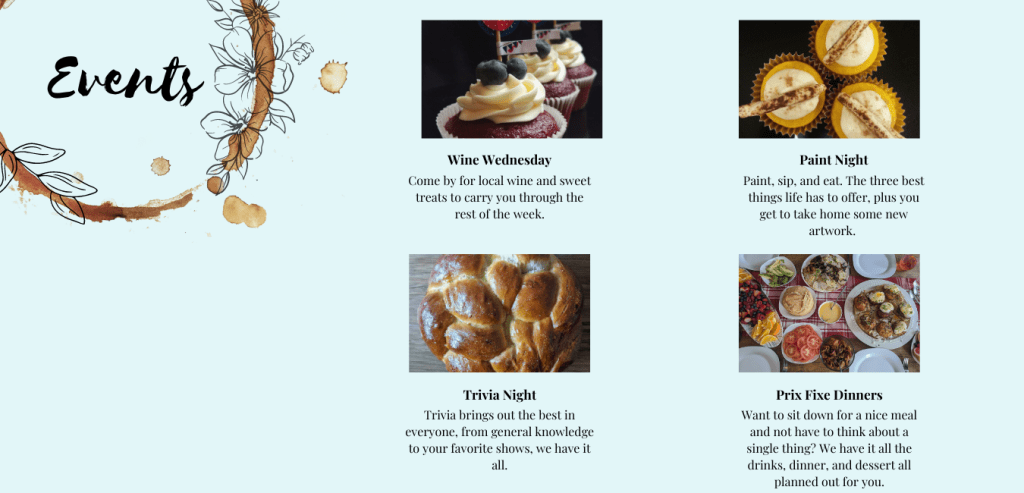 Events
Wine Wednesday
Paint Night
Trivia Night
Prix Fixe Dinners